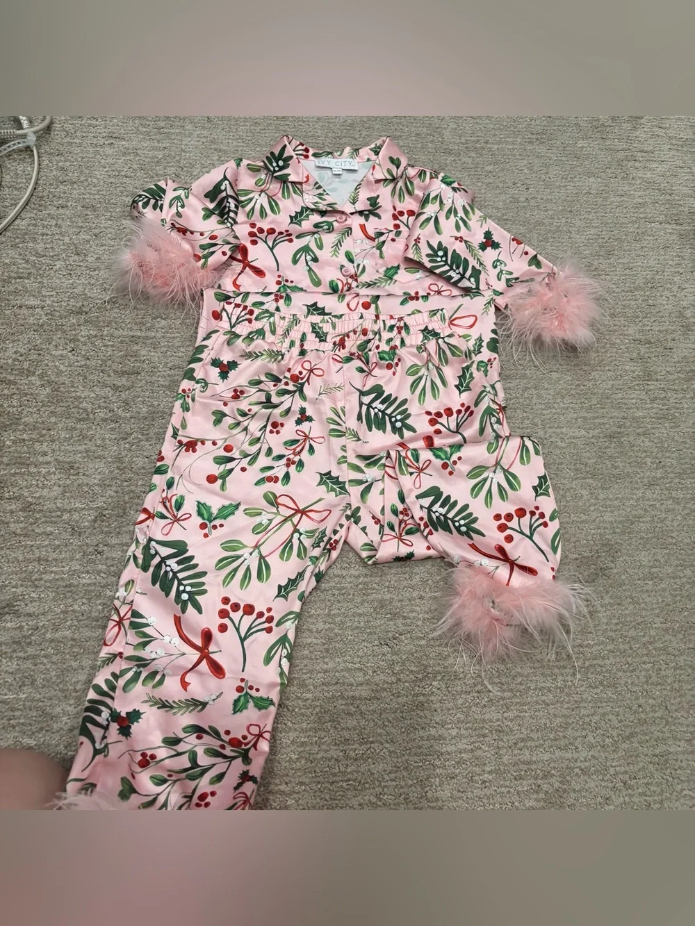 Ivy City Co Little Girl Pink Christmas Feather Cuff Pajamas - Size 6-7T
